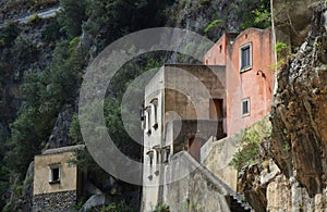 Closeup shot of a village Furore,on the Amalfi coast,Italy, with houses built in the rocky mountain