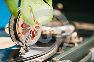 Closeup shot of vintage vinyl record player. Retro concept