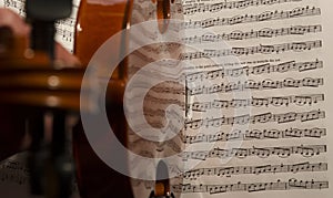 Closeup shot of a violin standing on a classical music sheet