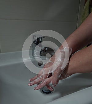 Closeup shot of washing hands with soap, protection virus bacteria flu coronavirus covid-19