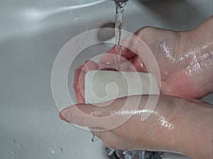 Closeup shot of washing hands with soap, protection virus bacteria flu coronavirus covid-19
