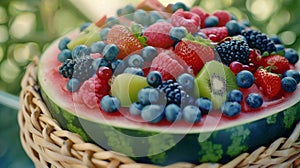 A closeup shot of a watermelon in the shape of a basket filled with a variety of fruits and berries