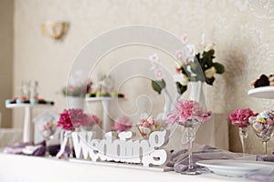 Closeup shot of a wedding candy bar decoration elements