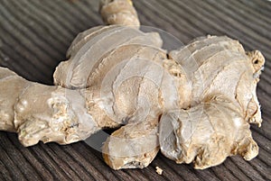 Closeup shot of white ginger roots on a brown surface