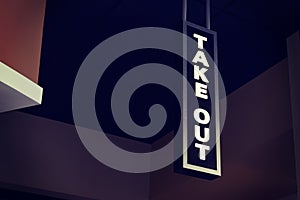 Closeup shot of a white led Take Out signage hanging inside a building