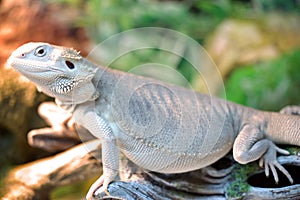 Closeup shot of a white, patterned bearded dragon on isolated nature background