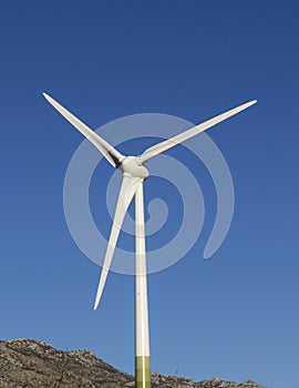 Closeup shot a windmill against a clear blue sky