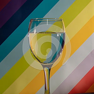 Closeup shot of a wine glass with water on a colorful background