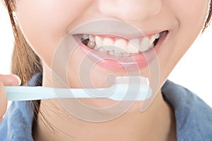 Closeup shot of woman brushing teeth