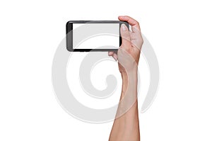 Closeup shot of a woman typing on mobile phone isolated on white background.