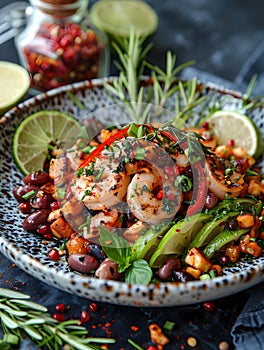 Closeup of shrimp, olives, and vegetables on tableware
