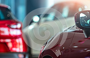 Closeup side mirror of red car on blurred SUV parked in modern showroom. Car dealership. Auto leasing concept. Car stock in