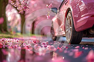 closeup side view of pink car tire on spring street with sakura cherry blossoms in the background