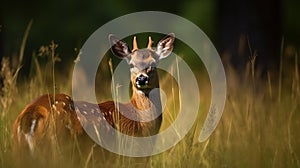 Closeup of a sika deer on a meadow in the wild