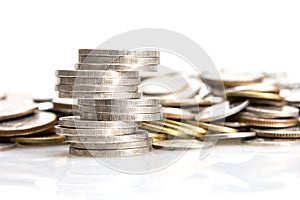 Closeup silver coins stcking