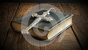 Silver Crucifix and a Holy Bible on a Wooden Background - Generative Ai