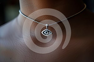 closeup of a silver thirdeye pendant around a neck