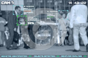 Simulation of a screen of cctv cameras with facial recognition photo