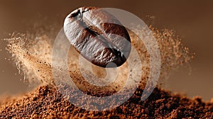 Closeup of single coffee bean and grounds