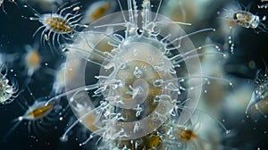 A closeup of a single copepod its segmented body covered in delicate bristles surrounded by smaller planktonic organisms