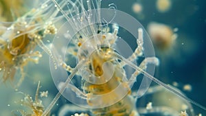 A closeup of a single copepod its segmented body covered in delicate bristles surrounded by smaller planktonic organisms