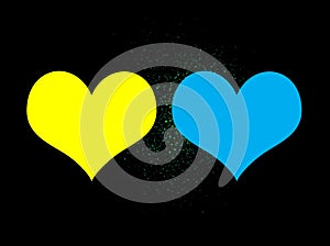 Closeup, Single yellow and blue colour heart shape isolated black background for design stock photo. illustration, vector