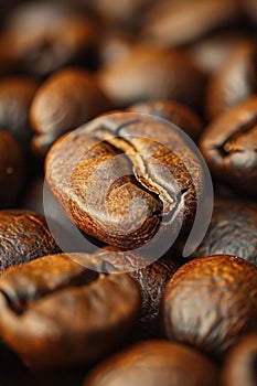 Closeup of singleorigin coffee bean atop pile of brown coffee beans