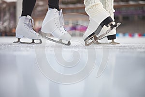 Closeup skating shoes ice skating outdoor at ice rink