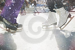 Closeup skating shoes ice skating outdoor at ice rink