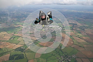 Closeup of skydiver in freefall