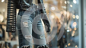 A closeup of a sleekly dressed mannequin wearing a black leather jacket ripped jeans and studded ankle boots exuding an