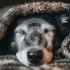 Closeup of a Sleeping Dog Under a Blanket