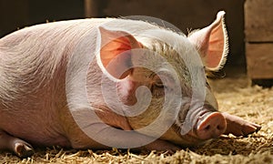 Closeup of sleeping pig facing the camera.