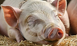Closeup of sleeping pig facing the camera.