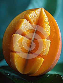 Closeup slice manggo fruit photo realistic on white background.AI generated