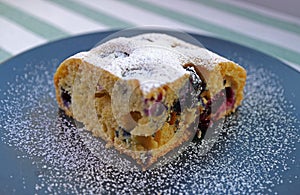 Slice of Mouthwatering Blueberry Cake Sprinkled with Icing Sugar photo