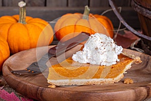 Closeup of a Slice of Pumpkin Pie With Whipped Cream Topping