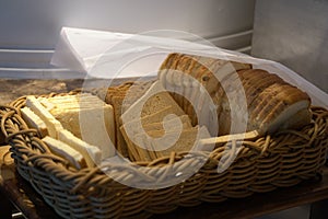 Closeup of sliced bread in a braided basket.