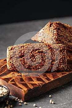 Closeup on sliced flourless diet grain bread