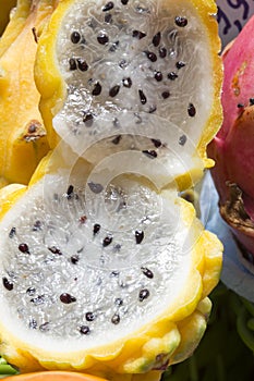 Closeup of sliced yellow pitaya photo
