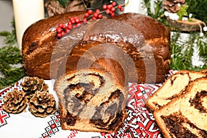 Closeup of slices of homemade traditional Romanian sweet bread named