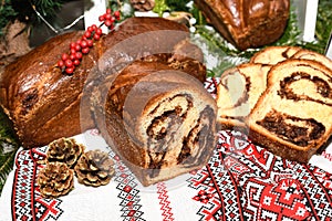 Closeup of slices of homemade traditional Romanian sweet bread named