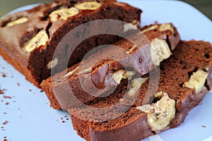 Closeup Slices of Mouthwatering Fresh Baked Homemade Wholemeal Chocolate Banana Cake