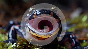 Closeup of a slimy salamander with its mouth open showing the symptoms of chytridiomycosis. The fungus has its mouth and