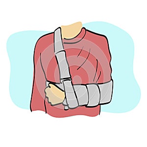 Closeup of sling on broken left arm illustration vector hand drawn isolated on white background line art