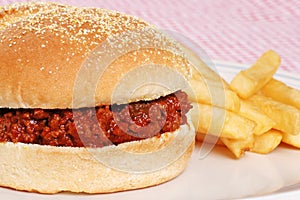 Closeup Sloppy Joe With French Fries photo