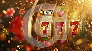 Closeup of a slot machine displaying 777 jackpot combination with golden confetti