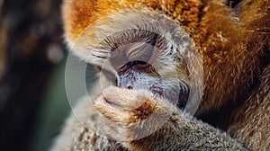 Closeup of a slow loris grooming its fluffy brown fur with meticulous slowness pausing occasionally to scratch its long