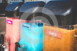 Closeup of Slush Machines with Colorful Flavors. Retro Style