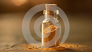Closeup of a small bottle filled with potent goldenhued turmeric powder widely recognized in Chinese medicine for its